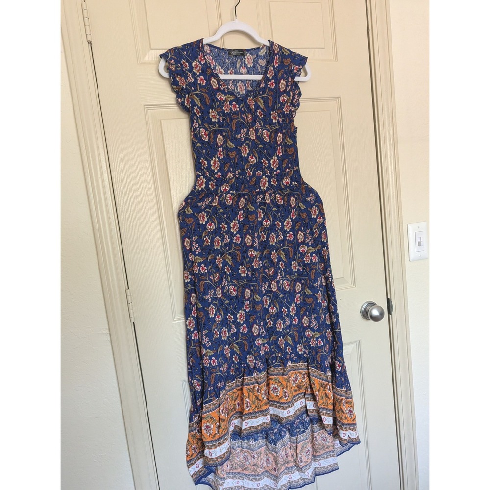 Blue Floral High Low Maxi Dress Smocked Waist Boho Ruffle Small